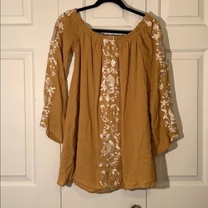 Mustard yellow, off the shoulder dress